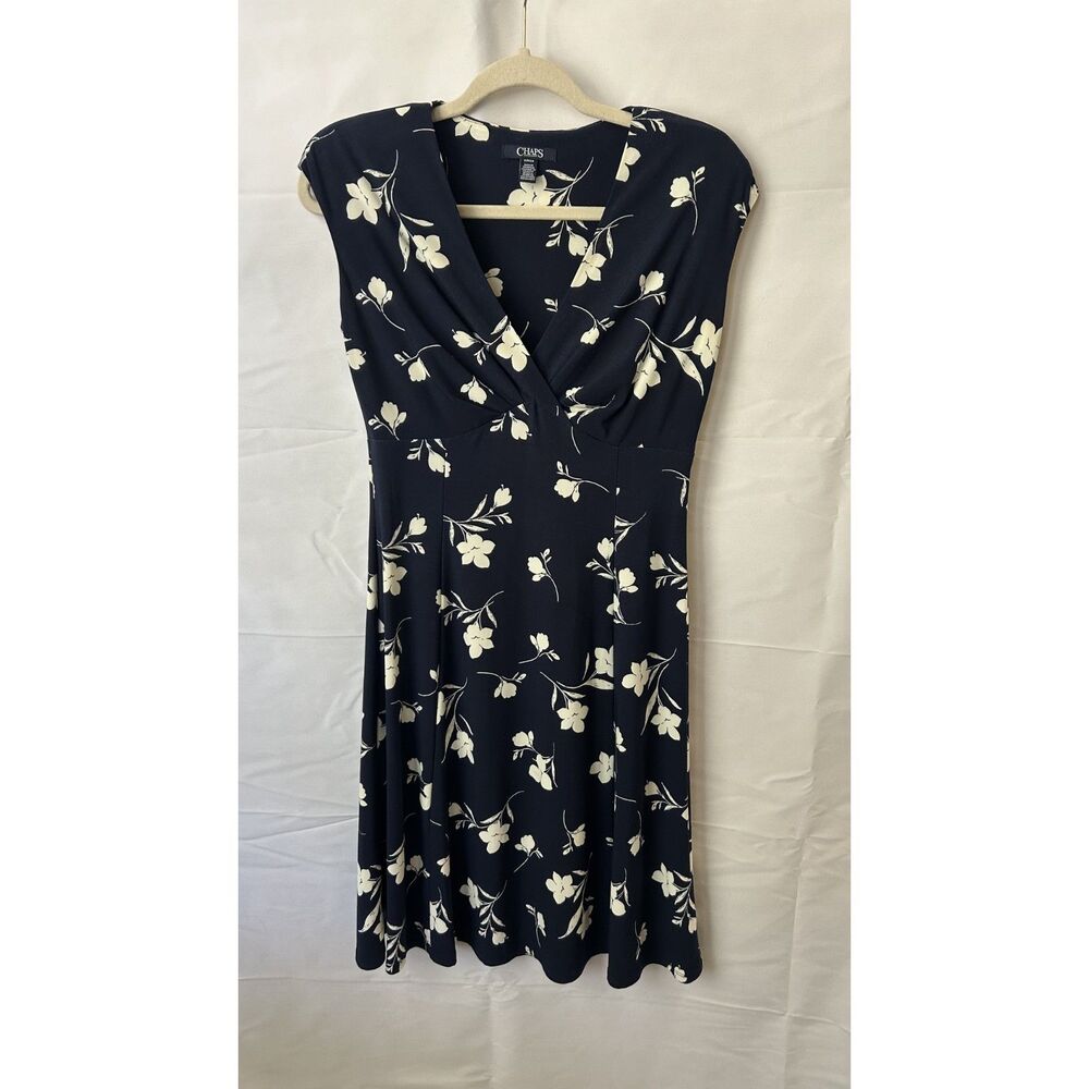 Chaps Women's Navy Floral Dress V Neck A-Line Small Office Preppy Shoulder Pads